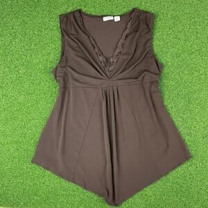 Vintage Cato Brown Sleeveless V Neck Handkerchief Hem Blouse Sz M